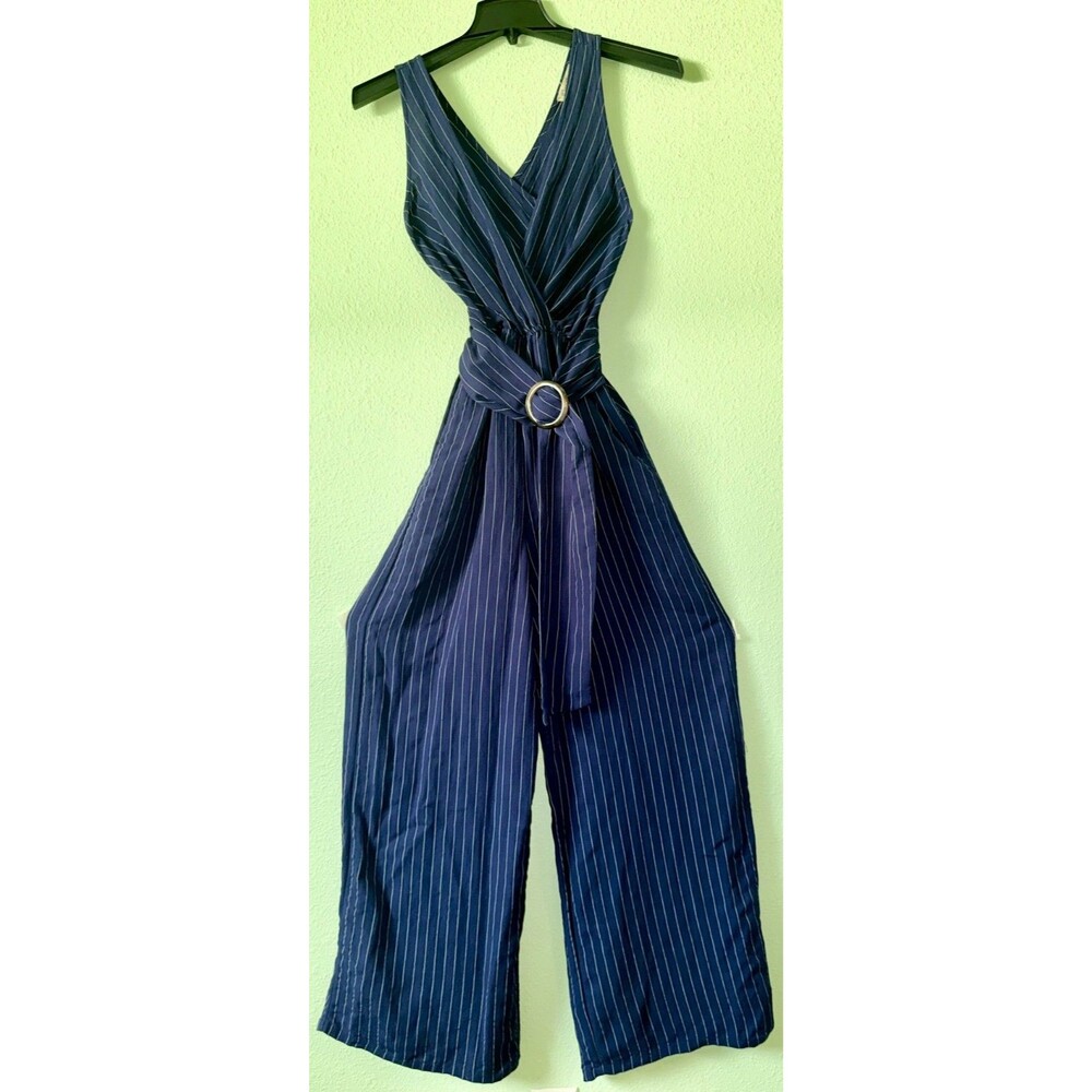 Flying Tomato Coastal Preppy Blue Pinstripe   Jumper Romper Tie Waist Medium